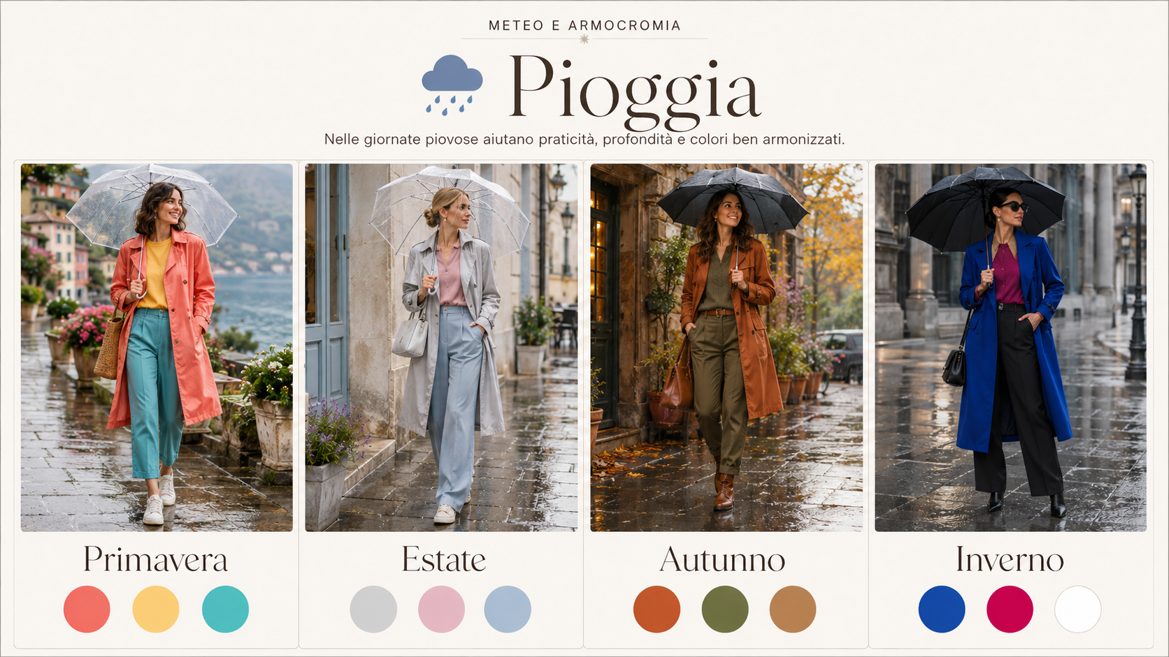 Armocromia e pioggia: ispirazioni femminili Primavera, Estate, Autunno e Inverno